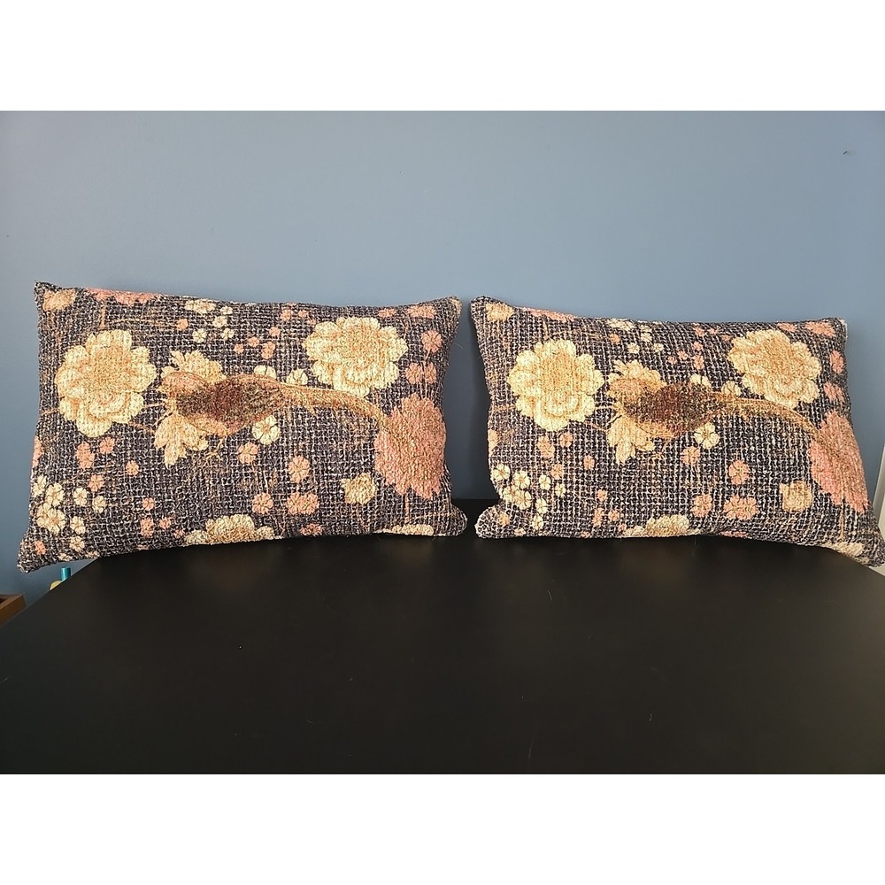 FLORAL Bird TAPESTRY THROW PILLOWS LOT OF 2 20"x13"